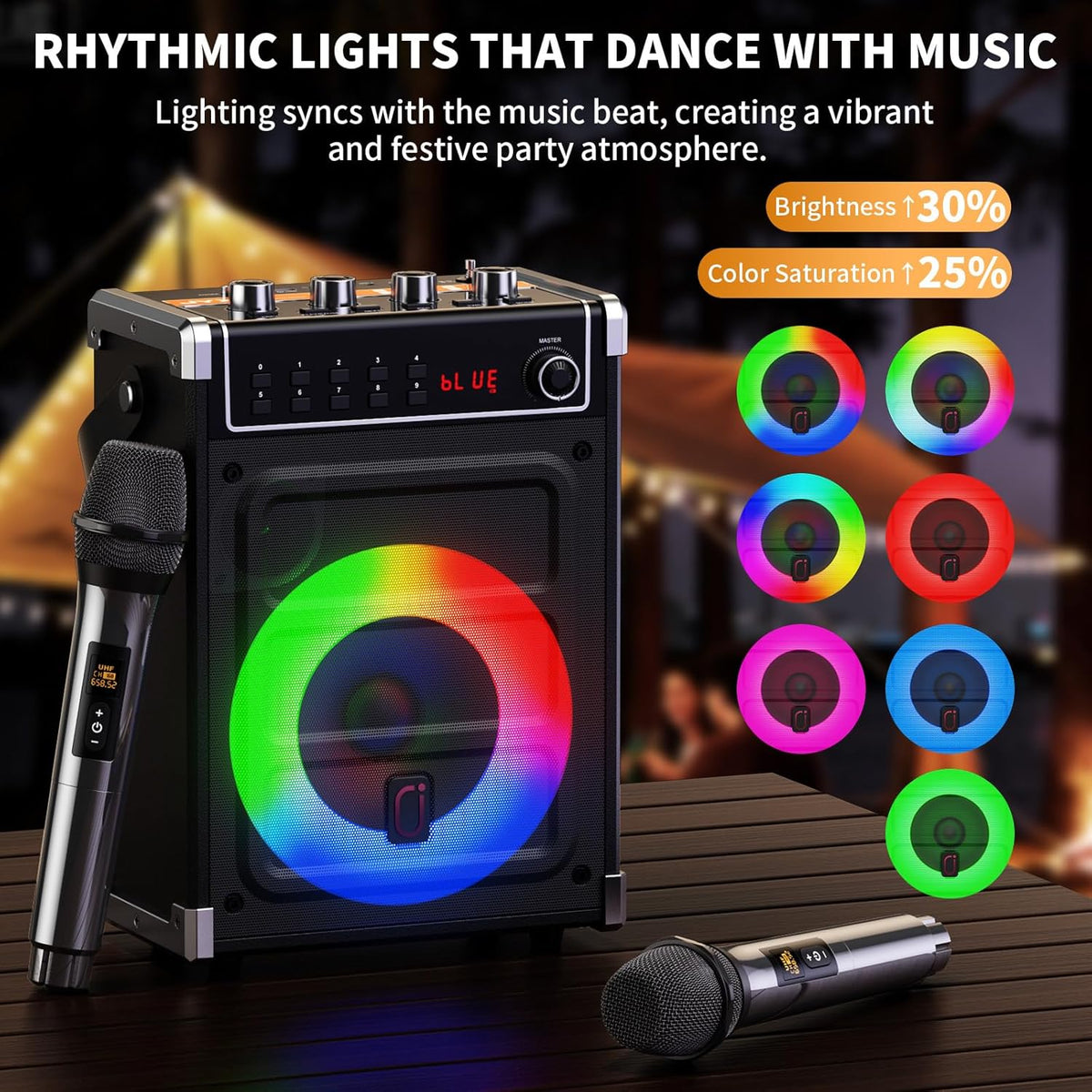 JYX karaokemachine met 2 UHF draadloze microfoons, bas/treble Bluetooth-luidspreker met LED-licht, ondersteuning TWS, AUX In, FM, REC, levering voor feest/volwassenen/kinderen - zwart