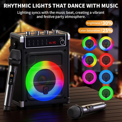 JYX karaokemachine met 2 UHF draadloze microfoons, bas/treble Bluetooth-luidspreker met LED-licht, ondersteuning TWS, AUX In, FM, REC, levering voor feest/volwassenen/kinderen - zwart