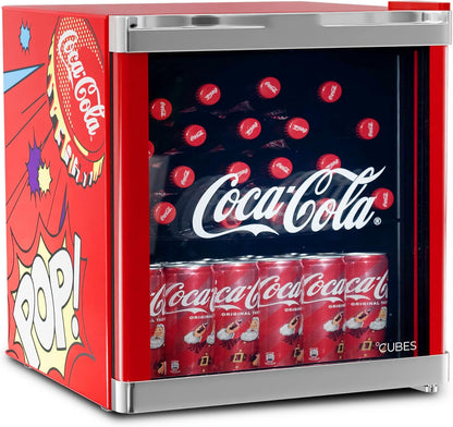 °CUBES Originele Coca-Cola PopArt mini-koelkast, rood, 48 liter, drankkoelkast met glazen deur, stil en energiezuinig, perfect voor kantoor, feestjes en gaming, coole flessenkoelkast, voor dranken