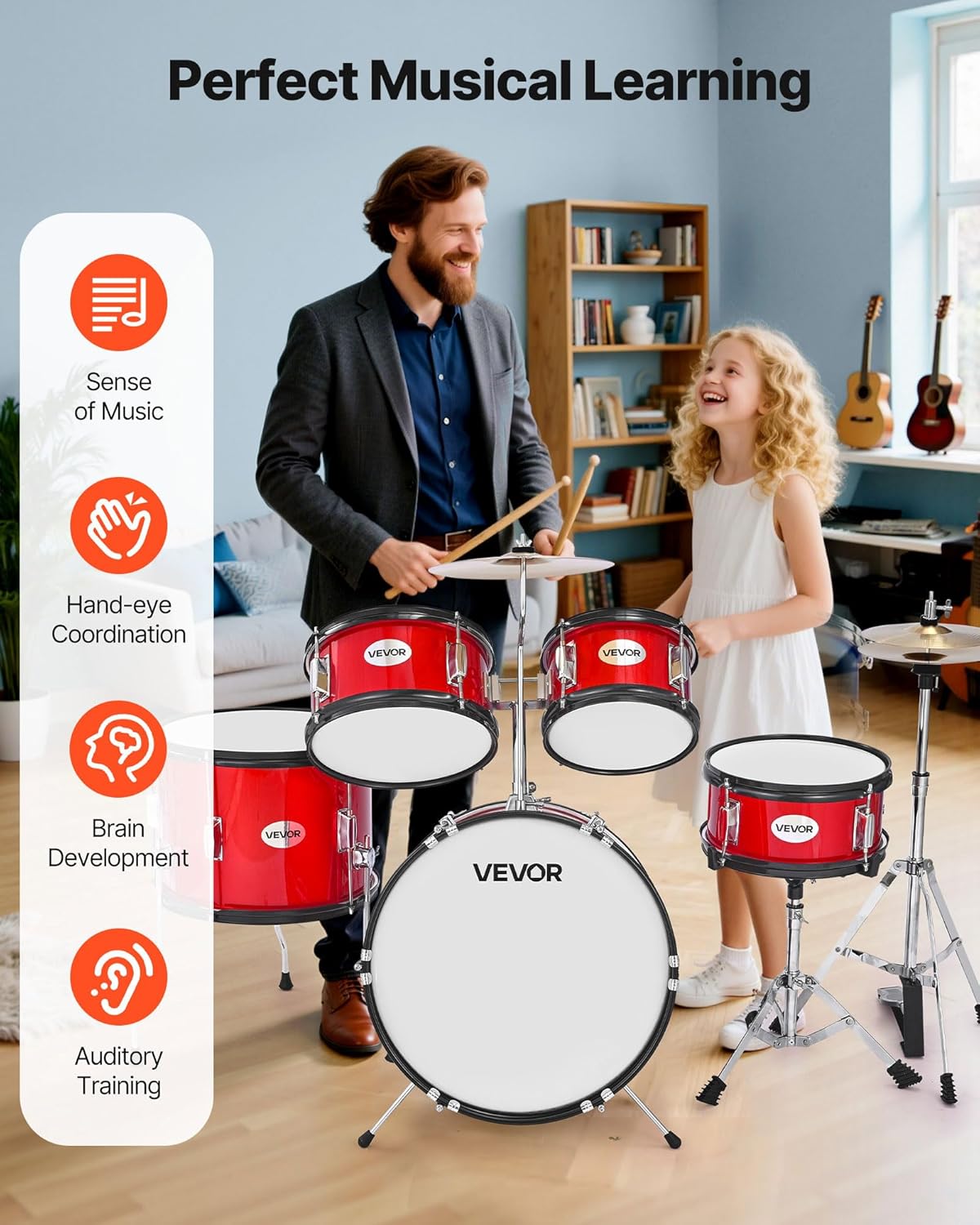 VEVOR Kinderdrumset, 5-delige 16" Junior Drumsets, Beginner Drums Set met Verstelbare Troon, Bekken & Twee Paar Drumsticks, Muzikaal Leren Drums Instrumenten Kit, voor Kinderen Leeftijd 6-13 (Rood)