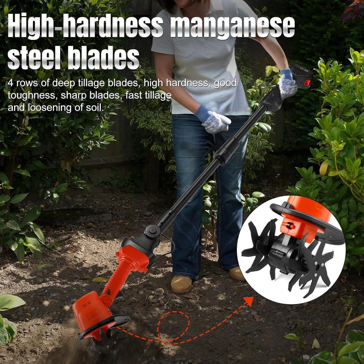 Draadloze handfrees compatibel met Makita 18 V accu (zonder batterij), 550 W tuinfrees met 10 cm freesdiepte en 10 cm freesbreedte, akkerfrees (met 1,3 m verlenging)