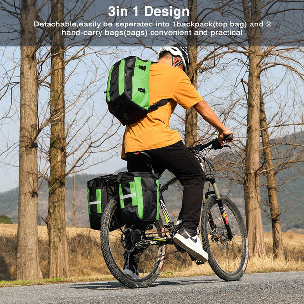 3-in-1 Fietstas - Fietstassen - Dubbele Fietstas - Multifunctioneel Bagagedragertas - Scheurvast - Grote Bagagetassen - met Regenhoes - 70L - Nylon - Groen