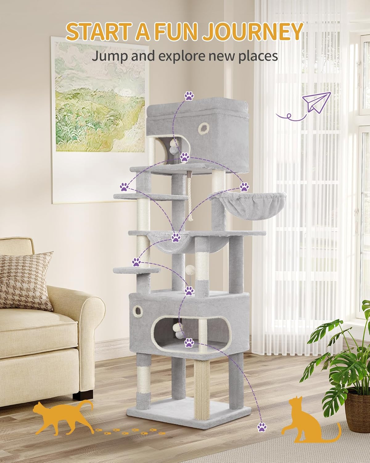 Hzuaneri Cat Scratching Post, 178cm Multilayer Cat Tree with Large Platform, 2 Caves, 7 Sisal Poles, Pompoms, Cat Basket, Hammock, Suitable for Cats of All Sizes, Light Grey MS17818LG - QUORE