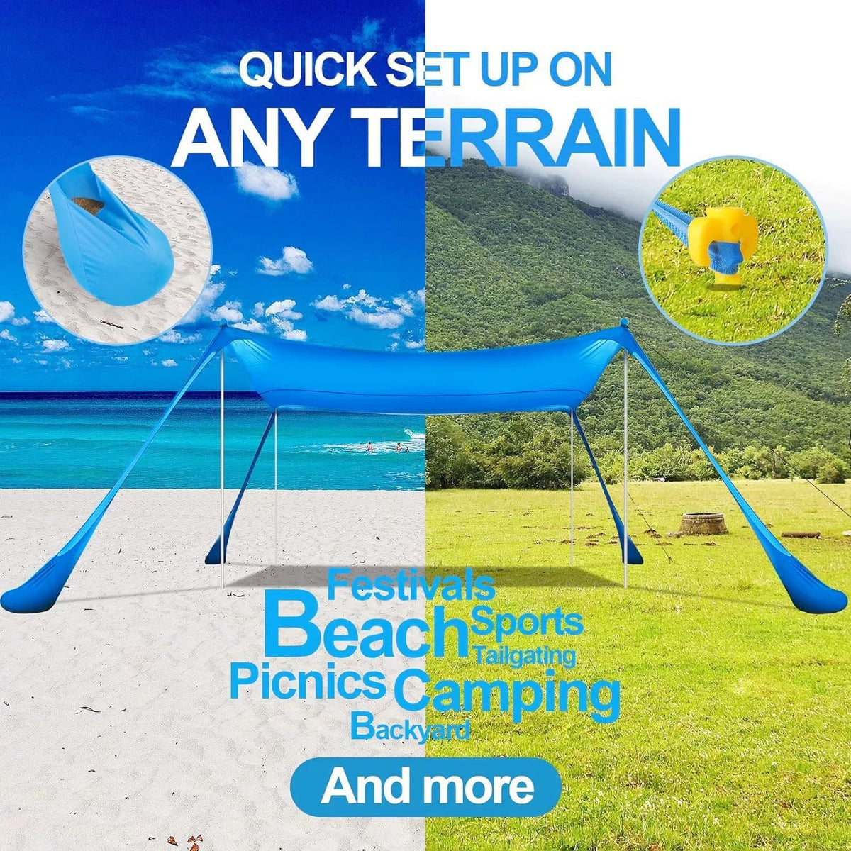 Beach Tent Canopy Sunscreen 10x10 FT Anti-UV Portable Umbrella (Blue, XL)