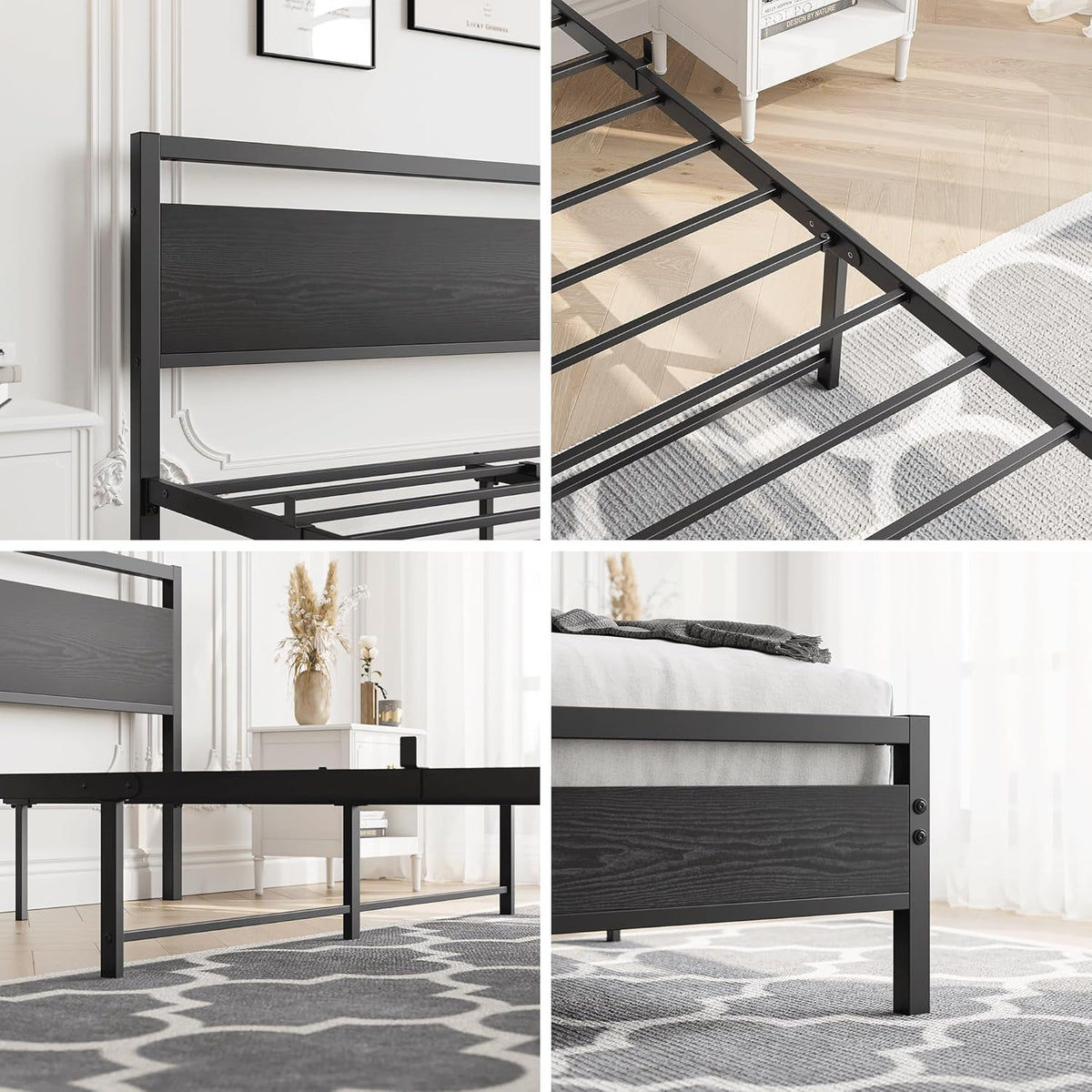 HOJINLINERO 4ft6 dubbele bedframes met houten hoofdeinde, metalen platform bedframe, dubbele bedbodem, geen boxspring nodig, matrasstichting, industriële verbeterde stalen latten ondersteuning voor