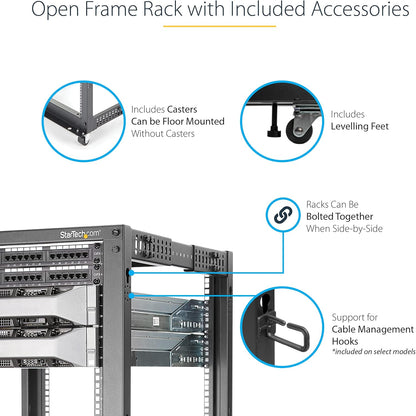 StarTech 18U 4-Post Server Rack, 19in Open Frame Rack met 101cm Montagediepte en 544kg Draagkracht, Mobiel of Vrijstaand IT Rack