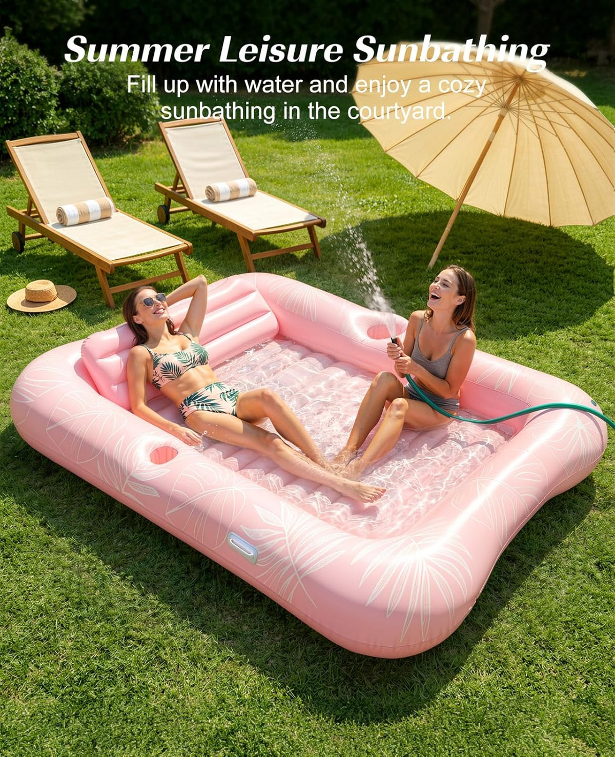 HeySplash Opblaasbare zwembadzeil, grote opblaasbare drijvende boot voor volwassenen met bekerhouder en afneembaar kussen, zonnebad, rivier-, zomer-, waterfeest, roze blad