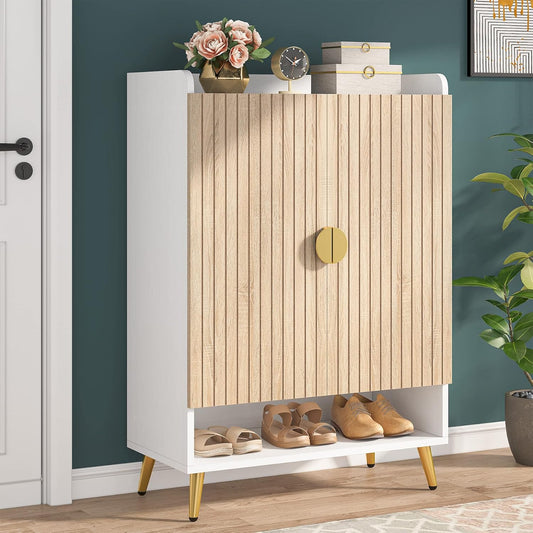 Tribesigns Shoe Cabinet with Doors, 7 Tier Shoe Storage Cabinet with Adjustable Shelves, Wooden Shoe Rack, Shoe Storage for Entrance, Hallway, Closet, Living Room, Wood and Gold