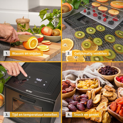 TZS First Austria Dehydrator - Dehydrator voor fruit, groenten en vlees - Digitaal met timer en temperatuurregeling 35-70°C - 6 roestvrijstalen niveaus, dehydrator met timer