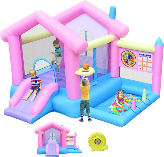 Springkasteel groot met glijbaan en basketbalmand, springkasteel voor kinderen van 3-10 jaar, springkasteel met ventilator, voor binnen en buiten