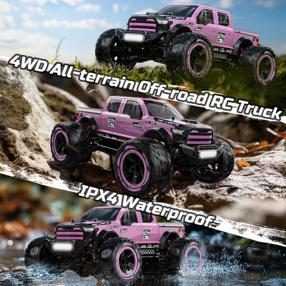 DEERC 1:10 Snelle afstandsbedieningsauto voor volwassenen, 4x4 Hobby RC Monstertruck, 48+ km/u, All Terrain High Speed RC Truck Crawler in roze met 2 accu's, speelgoedvoertuig voor kinderen