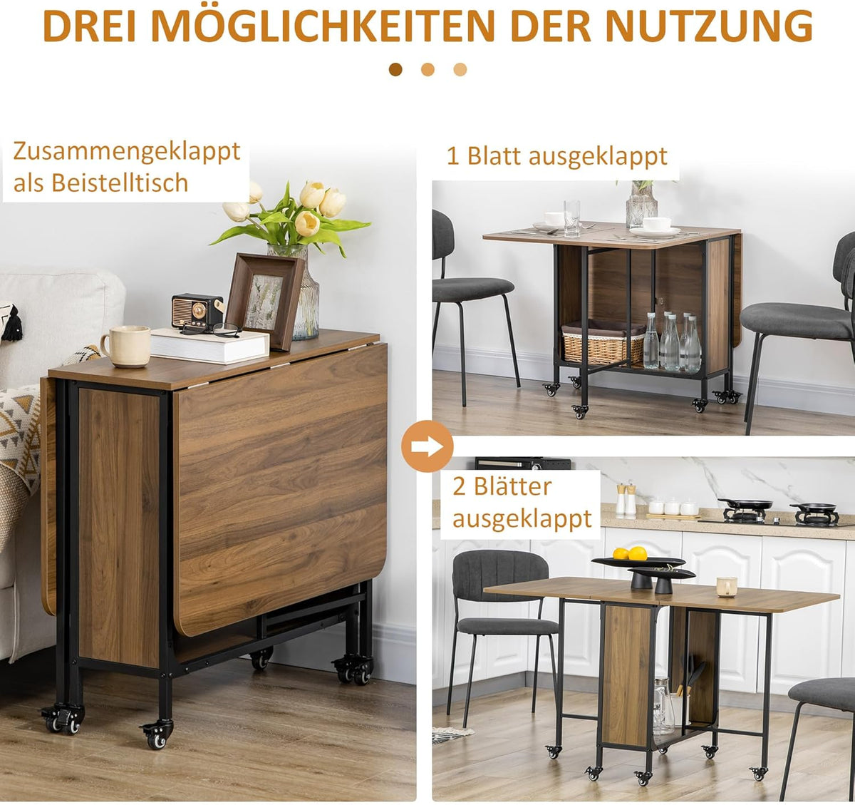 Inklapbare Eettafel – Uitklapbare Tafel – Opklapbare Keukentafel – Mobiele Eettafel – Uitbreidbare Tafel – Voor 6 Personen – Met Opbergruimte – Lichtbruin Melamine