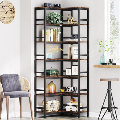 Tribesigns 78.7 inch High Angle Shelf, 7 Tier Industrial Corner Bookcase Storage Display Shelves for Living Room Home Office, Rustic Brown