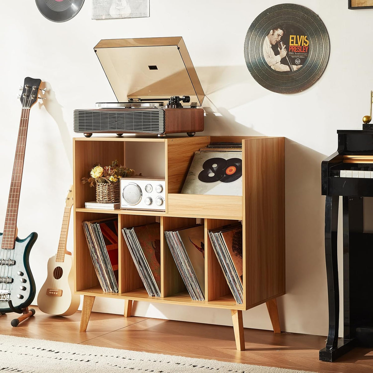 Draaitafelstandaard Houten – Platenspelerstandaard – Vinyl Opbergkast – Platenkast – Muziekmeubel – Voor Meer Dan 300 Vinylplaten – 4 Brede Vakken