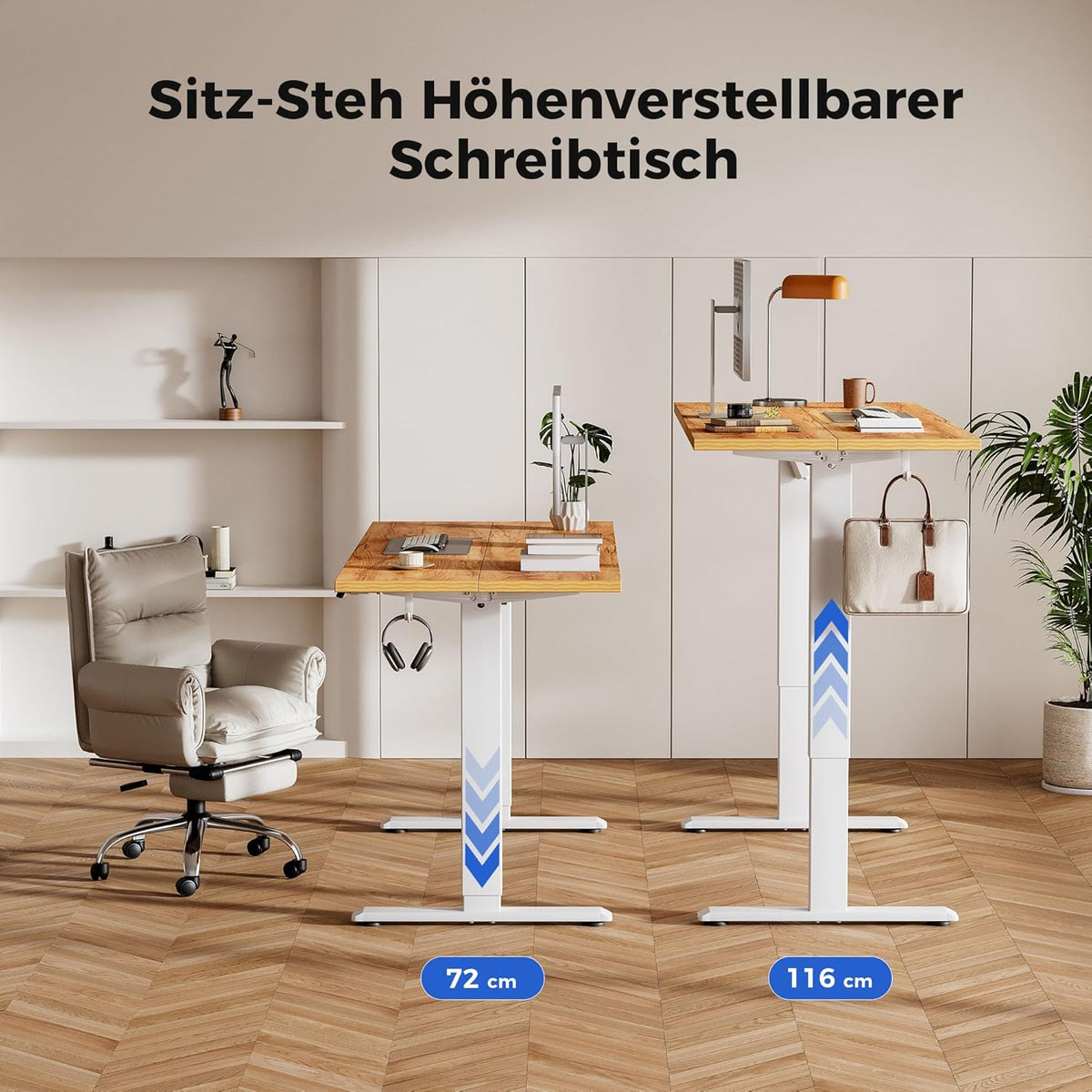 Agilestic In hoogte verstelbaar bureau 140 x 60 cm, stabiel bureau met elektrische hoogteverstelling en handmatige bediening met geheugen, ergonomisch bureau om staand of zittend te werken, lichtbruin