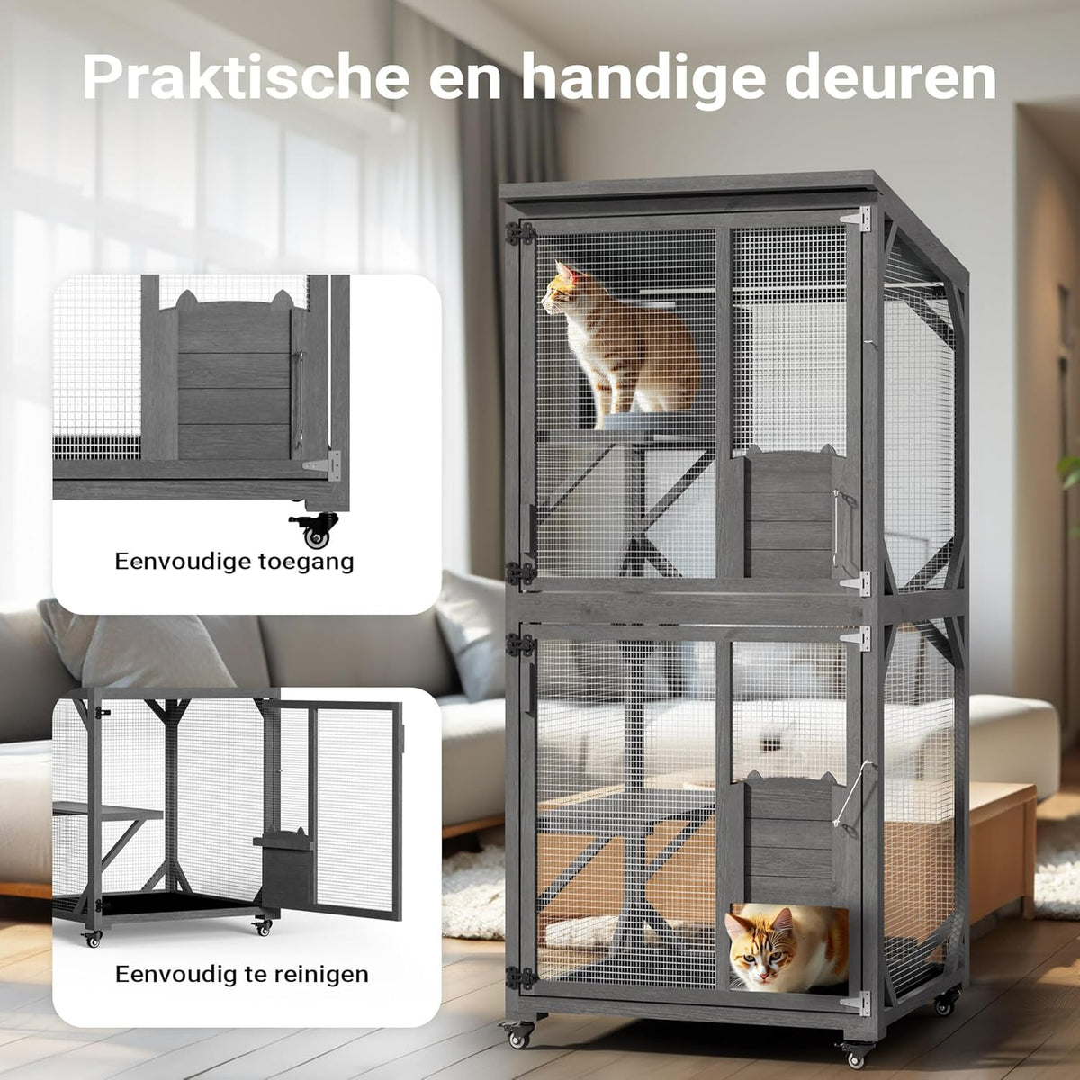 Wiltec buitenverblijf voor katten 74 x 78 x 180 cm, kattenvolière van dennenhout, kattenhuis met 3 niveaus en wielen, kattenverblijf voor tuin, balkon, kattenhut voor katten en dieren