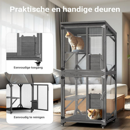 Wiltec buitenverblijf voor katten 74 x 78 x 180 cm, kattenvolière van dennenhout, kattenhuis met 3 niveaus en wielen, kattenverblijf voor tuin, balkon, kattenhut voor katten en dieren