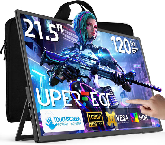 UPERFECT Draagbaar touchscreen, 21,5 inch, 120 Hz, draagbaar, touchscreen, 1300:1 1080P, geïntegreerde houder, HDMI, USB C, voor pc, computer, spelconsole, metalen behuizing, VESA-compatibel