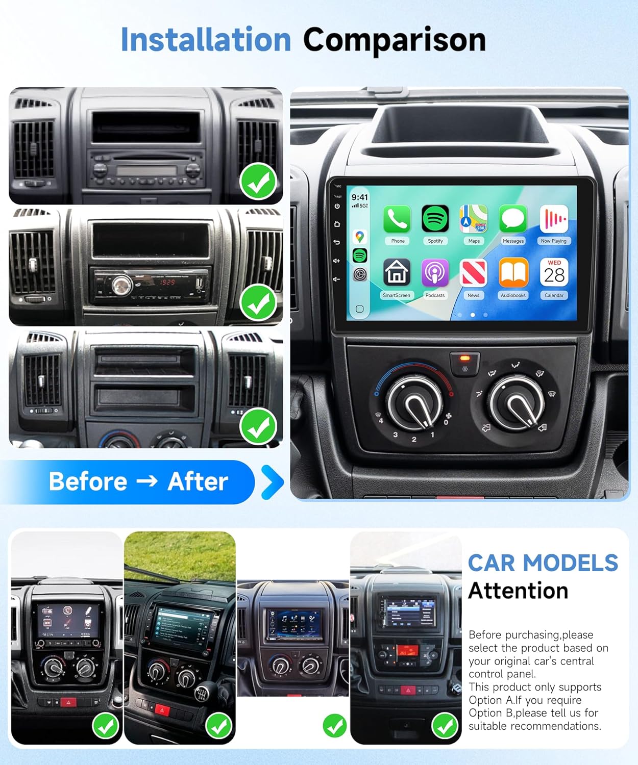 Autoradio – Inbouwradio – Multimedia Systeem – Navigatiesysteem – Touchscreen Radio – 9 Inch IPS-scherm – Draadloze CarPlay & Android Auto – HD Achteruitrijcamera met Nachtzicht
