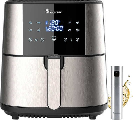 MasterPro Foodies XXL Friteuse Kit zonder olie, 6 l, 1800 W, samen met oliesproeispray, led-display en anti-aanbakmand, luchtfriteuse, 8 verschillende functies in 1