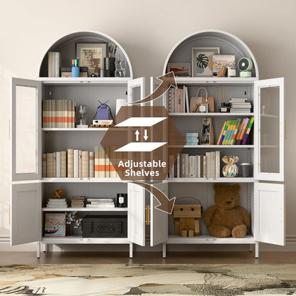 SUPEER Vitrinekast van metaal, dressoir, staande kast met gebogen dak, vitrinekast, keukenkast met 2 glazen deuren en 2 metalen deuren, glazen vitrinekast voor woonkamer, slaapkamer, 185 x 80 x 40 cm