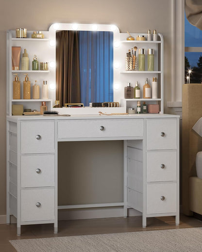 Hzuaneri LED Makeup Table, Vanity Table with Large HD Mirror, 7 Drawers and 6 Storage Compartments, Dressing Table for Bedroom, Modern White DT42303XEU