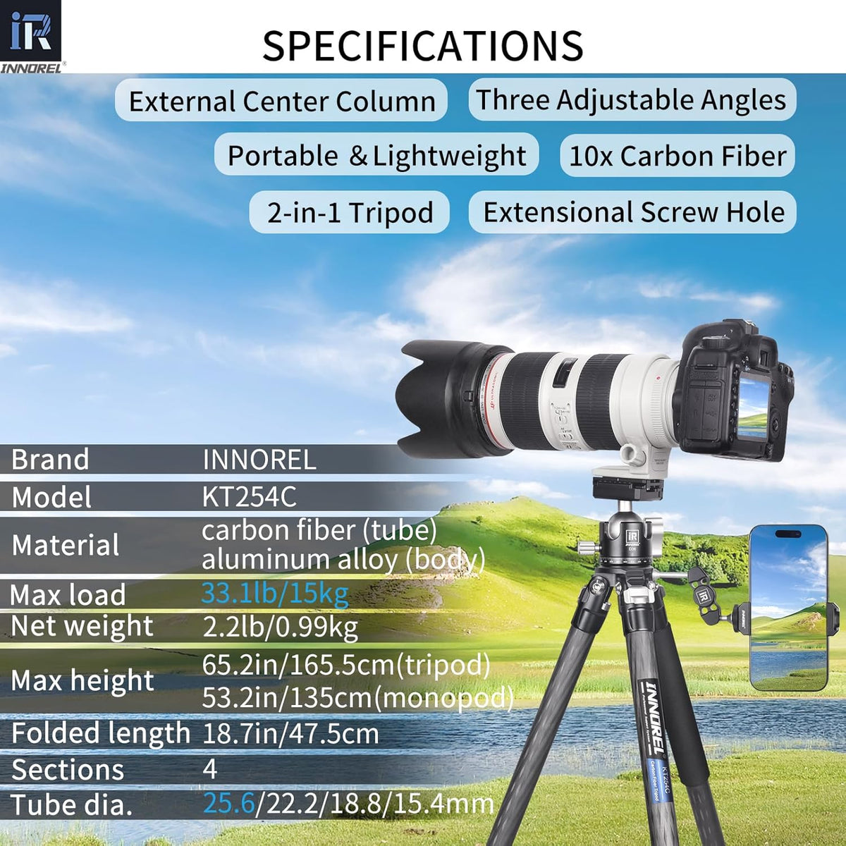 INNOREL KT254C Super Professionele Draagbare Reizen Koolstofvezel Statief voor DSLR Camera Heavy Duty Compact Stand Ondersteuning 1.0in/25.6mm Buis Max Belasting 33lbs/15kg met Korte Middenkolom