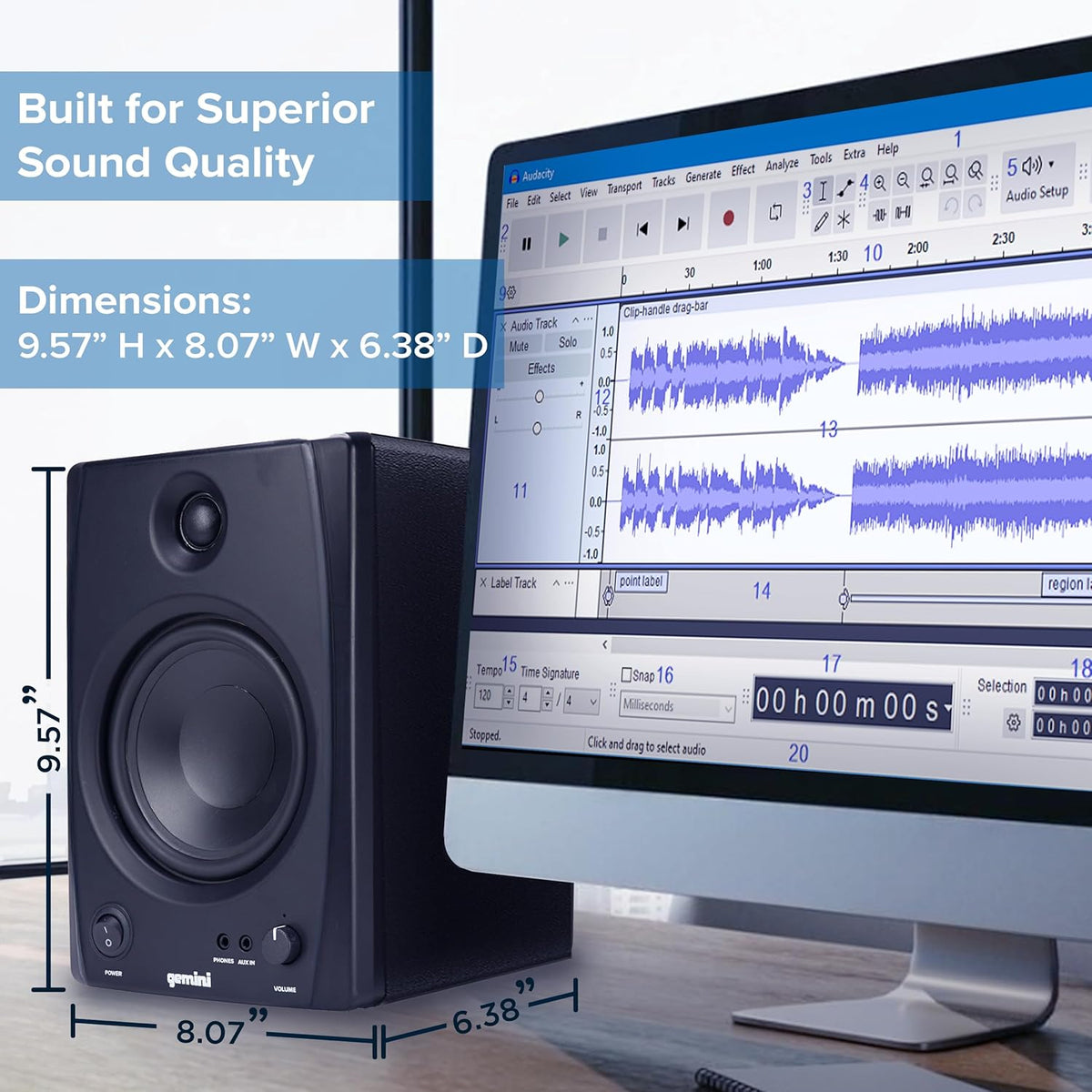 Gemini Sound SMX-5BT 5 inch studiomonitorluidsprekers met Bluetooth - 200 W piekvermogen, TRS/RCA/Aux-ingangen, akoestische afstemming, actief/passief paar voor thuisstudio, DJ en muziekproductie
