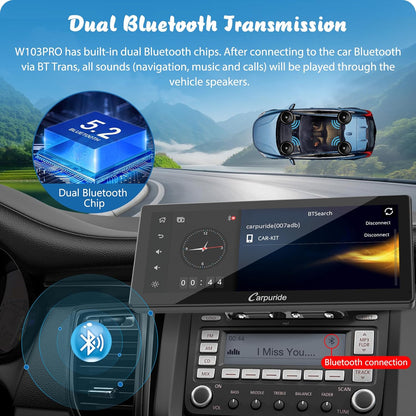 Carpuride W103 Pro met draadloze Bluetooth-overdracht, draagbaar Carplay en Android Auto-autoradio, 10,3 inch 1080P-touchscreen, Mirror Link/GPS/Siri/FM, met 3 houders