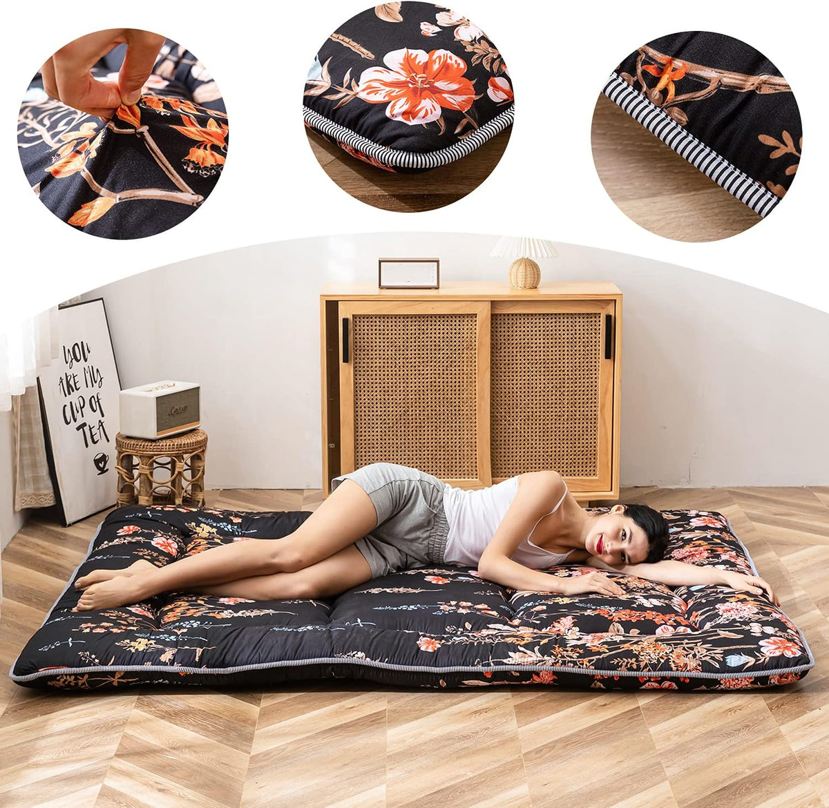 Japanse vloermatras, futonmatras, dikkere tatami-mat, slaapkussen, opvouwbaar, oprolbaar matras, slaapzaal, matras, vloerligstoel, kussen bed (zwarte bloemen, king)