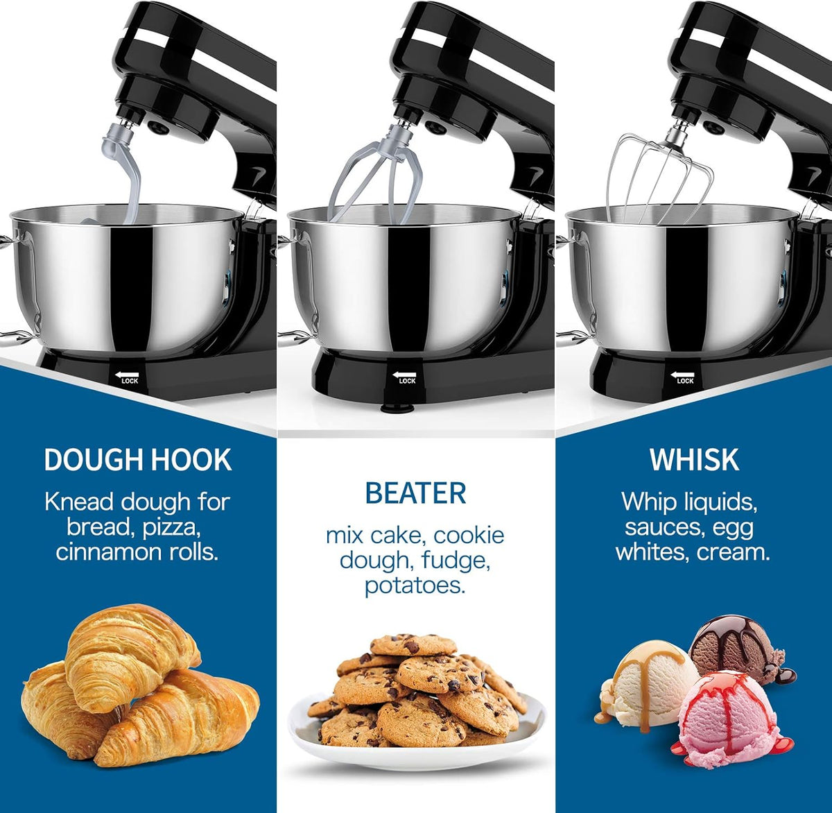 Planetaria Vospeed kneedmachine, 1000 W, 5QT keukenmachine met garde, deeghaak, garde voor cake, kom van roestvrij staal, spatdeksel (zwart)
