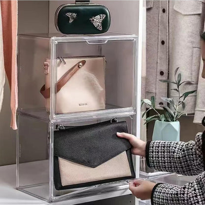 Acryl vitrine doorzichtige handtas opslag organizer voor kast, stapelbare tas organizer met magnetische deur voor portemonnee, cosmetica, speelgoed (9)