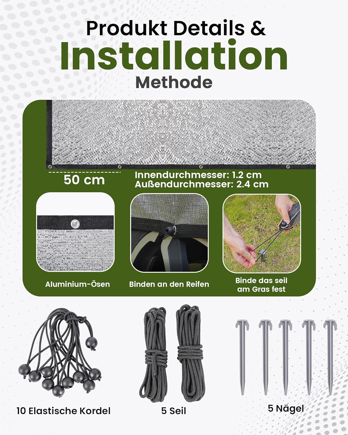 Schaduwnet, 6 x 6 m, 99% aluminium, hittebescherming, zonweringsnet met elastisch koord, nylon touw, spijker, als uv-bescherming, geschikt voor buiten, binnenplaats, auto, dieren