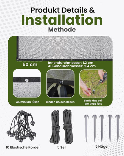 Schaduwnet, 6 x 6 m, 99% aluminium, hittebescherming, zonweringsnet met elastisch koord, nylon touw, spijker, als uv-bescherming, geschikt voor buiten, binnenplaats, auto, dieren