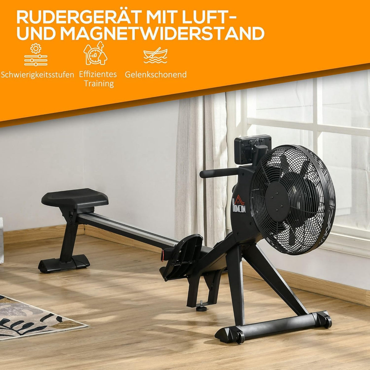 HOMCOM rowing machine, foldable rowing seat, rocking mass 2.5 kg with 16 resistance levels, load capacity up to 130 kg, black steel 225 x 55 x 88 cm - QUORE