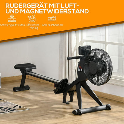 HOMCOM rowing machine, foldable rowing seat, rocking mass 2.5 kg with 16 resistance levels, load capacity up to 130 kg, black steel 225 x 55 x 88 cm - QUORE