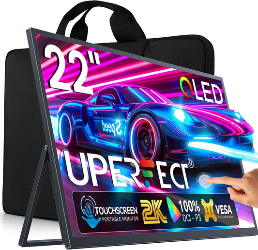 UPERFECT 22 Inch 2K QLED Touchscreen Draagbare Monitor met 2560 x 1440 Oogverzorging Scherm Geïntegreerde Beugel Mini HDMI USB C voor PC Laptop Xbo Switch PS4/5, Mobiel Display VESA-compatibel