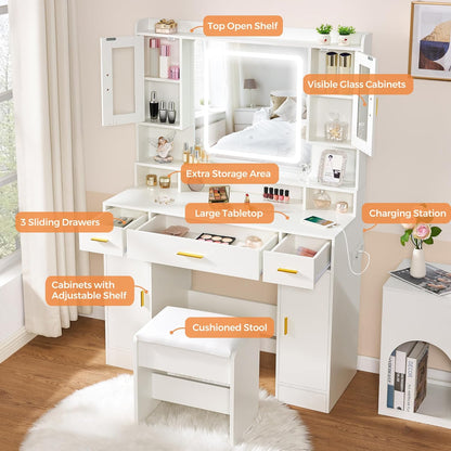 ANWBROAD Large White Dressing Table with Mirror and Lighting Modern 3 Colors Brightness Adjustable 4 Cabinets 3 Drawers 150x100x40cm BDT66W - QUORE