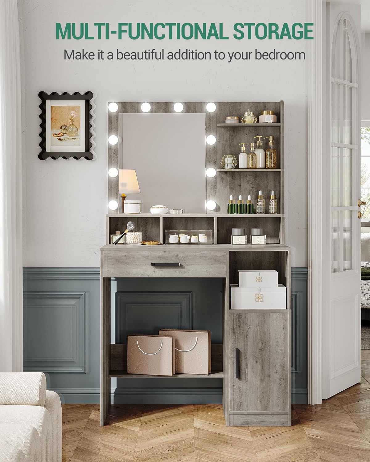 Hzuaneri Dressing Table with Mirror and 10 Led Lighting,with 3 Shelves & 4 Open Compartments, Dressing Table with Large Drawer & Cabinet, 3 Adjustable Luminosity, GreigeVT08105X
