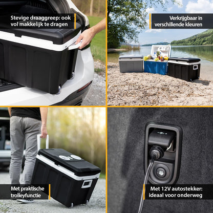 TZS First Austria - Koelbox 45L elektrisch 12V 230V aansluiting voor auto & stekkerdoos - Thermo-elektrische Cool Box koelt & warmt - Minikoelkast met wielen - Voor kamperen, festivals, reizen - Zwart