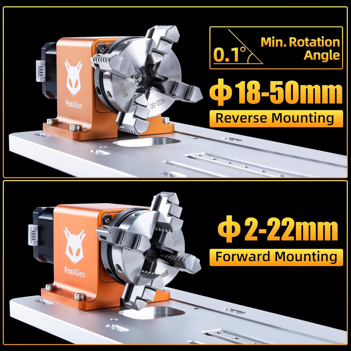 FoxAlien 4e as roterende graveermodule met 4 klauwplaten, reductieverhouding 30:1 voor Masuter Pro en Masuter 3 CNC bovenfrees graveermachine met NEMA17 stappenmotor