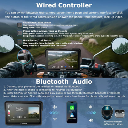 Motorfiets Navigatie – Motornavigatie – GPS Navigatie – CarPlay Scherm – Android Auto – 7 Inch Waterdicht Touchscreen – Dubbele 1080P Dashcam Voor en Achter