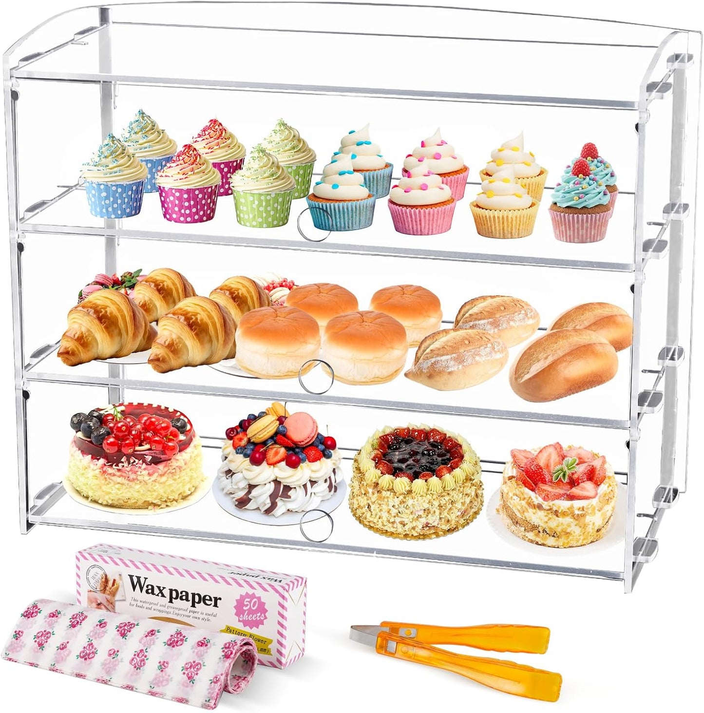 Acryl gebak vitrine – Taartvitrine, gebaksvitrine, displayvitrine, toonbankvitrine – 3 lagen – Doorzichtig acryl, beschermt tegen vocht en stof