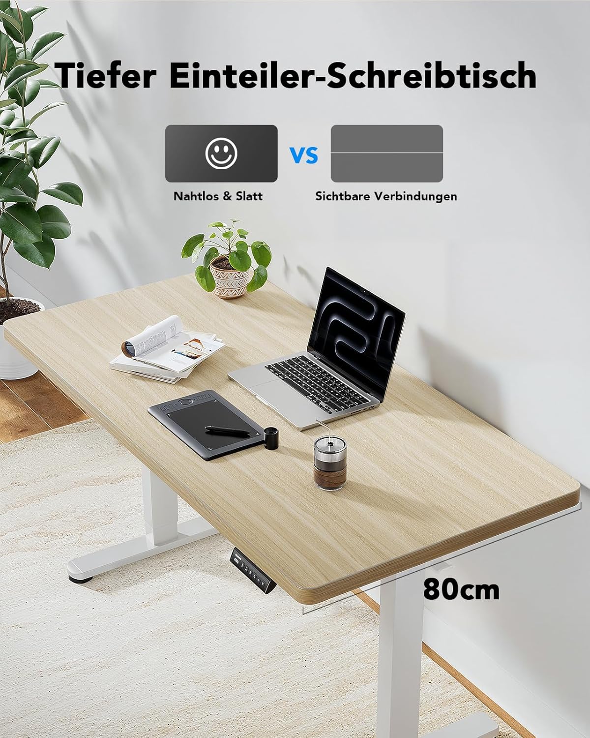 HUANUO Height Adjustable Desk, 120 x 80 cm, 25 mm, Whole Table Top with Brushless Motor, Ergonomic Desk, Height Adjustable, Easy Assembly, Electric Standing Desk for Home Office - QUORE