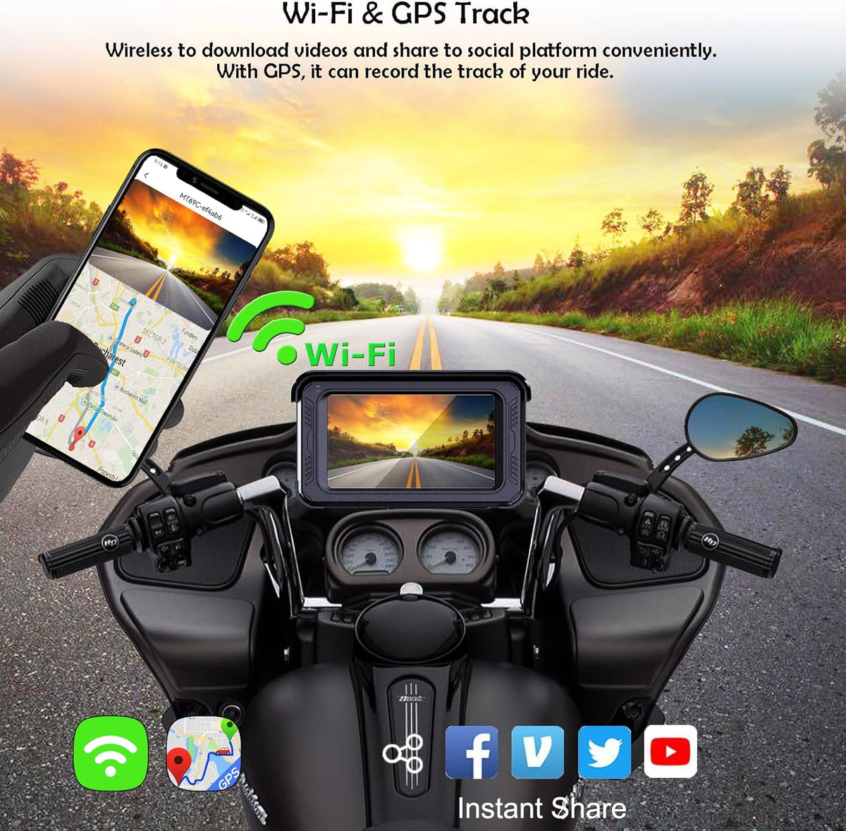 ydi Waterdichte motorfiets dashcam met draadloze CarPlay & Android Auto, 5" IPS-aanraakscherm, camera voor en achter, HD 1080P, TPMS, Bluetooth, Wi-Fi, GPS, max. 256 GB
