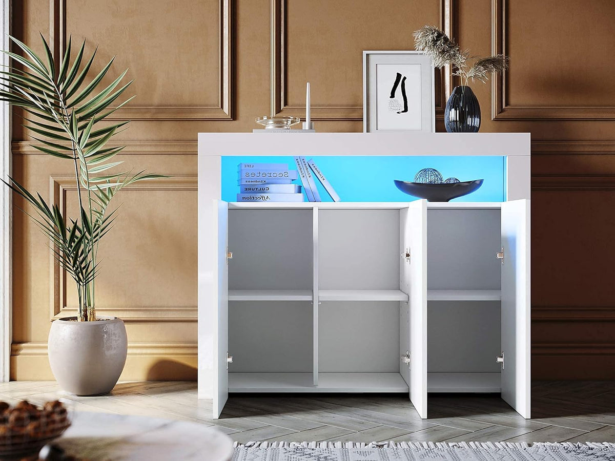 SONNI Sideboard White High Gloss with LED, 12 Colours Can Be Adjusted, 3 Doors, Cupboard, Comod Cabinet, Dresser for Kitchen, Dining Room, Living Room, 116 x 35 x 93 cm, GK002 - QUORE