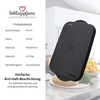 Favoriete pan Teppanyaki grillplaat XXL 43x28 cm - gladde plancha met anti-aanbaklaag van aluminium voor alle warmtebronnen, incl. inductie en buitengrill