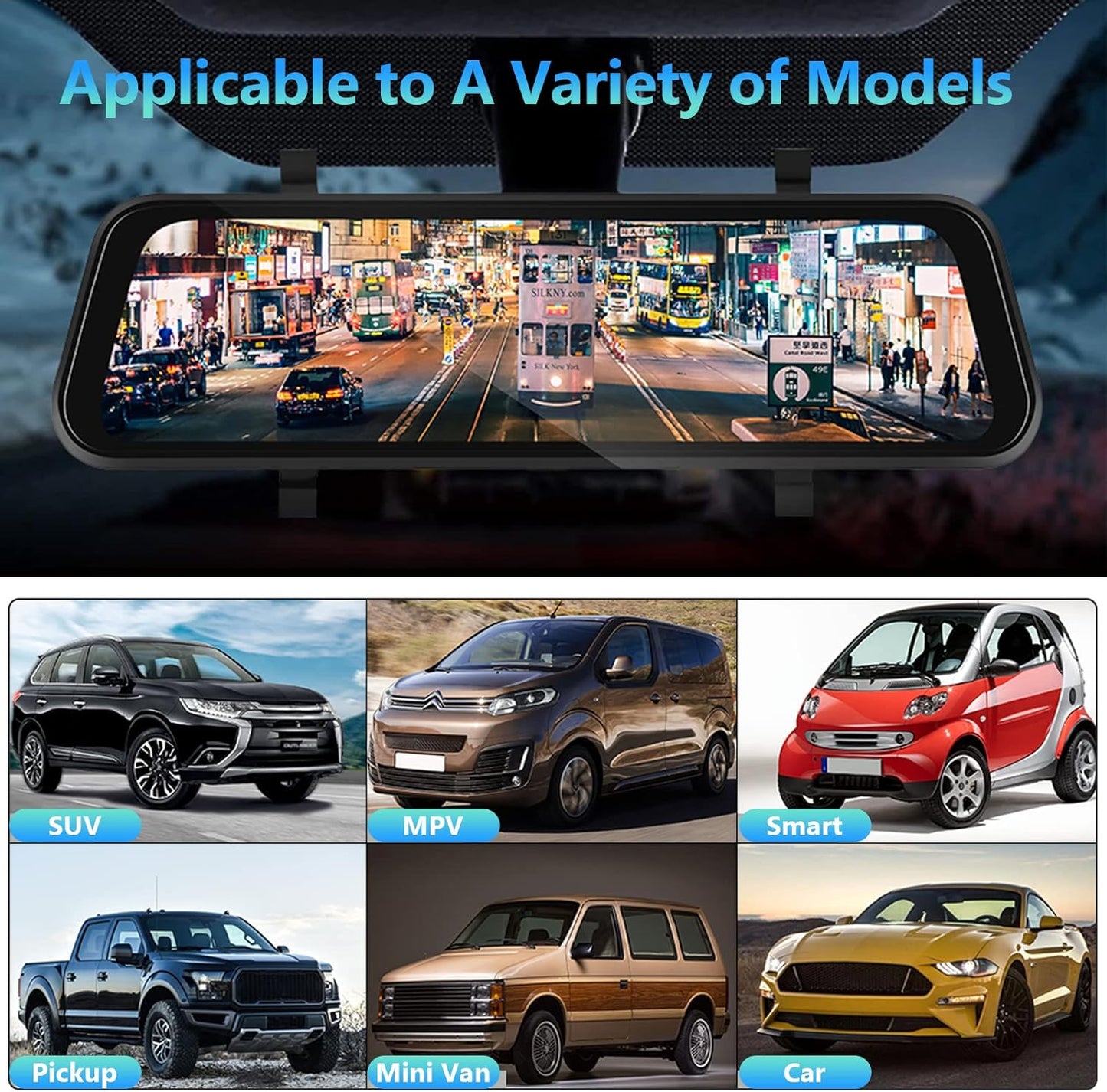 Hodozzy Spiegel Dashcam Carplay Draadloze Android Auto Bluetooth 24,5 cm (9,66 inch) IPS Touchscreen Voorcamera Achteruitrijcamera Waterdicht Nachtzicht WDR Auto Achteruitkijkspiegel Parkeermonitor