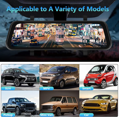 Hodozzy Spiegel Dashcam Carplay Draadloze Android Auto Bluetooth 24,5 cm (9,66 inch) IPS Touchscreen Voorcamera Achteruitrijcamera Waterdicht Nachtzicht WDR Auto Achteruitkijkspiegel Parkeermonitor