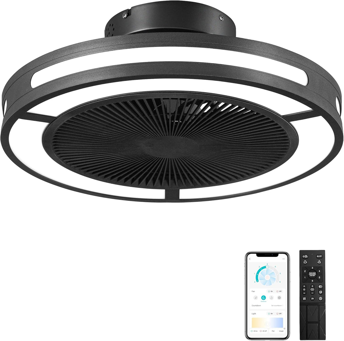 Ohniyou Plafondventilator zonder vleugels, 48,3 cm, met verlichting en afstandsbediening, dimbaar ledlicht en 6 ventilatorsnelheden, inbouw-plafondventilator met laag profiel voor slaapkamer,
